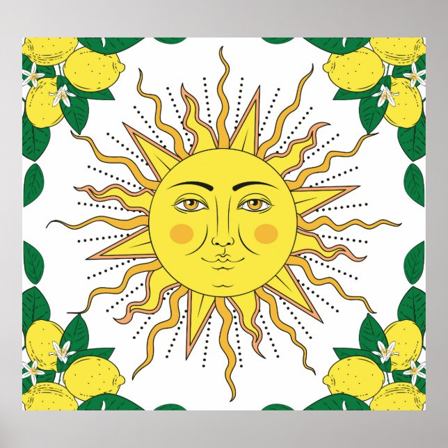 Tropical Lemon Fruits, Sun Face. Poster (Front)