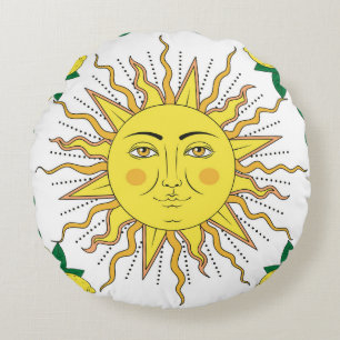 Tropical Lemon Fruits, Sun Face. Round Cushion