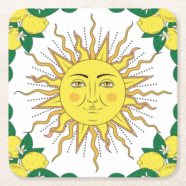 Tropical Lemon Fruits, Sun Face. Square Paper Coaster (Front)