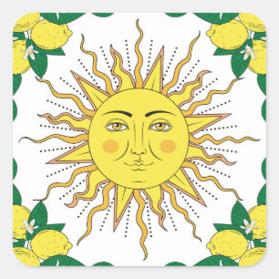 Tropical Lemon Fruits, Sun Face. Square Sticker