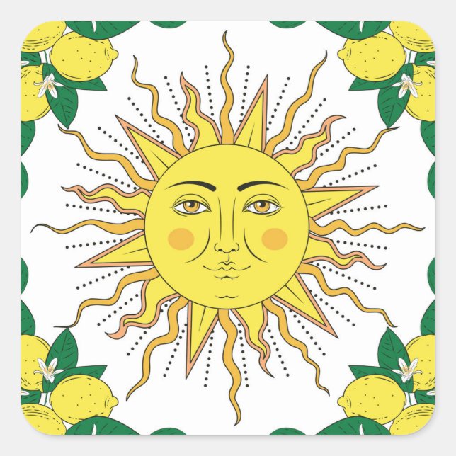 Tropical Lemon Fruits, Sun Face. Square Sticker (Front)