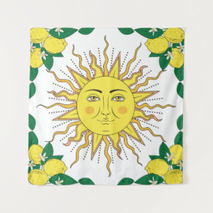 Tropical Lemon Fruits, Sun Face. Tapestry