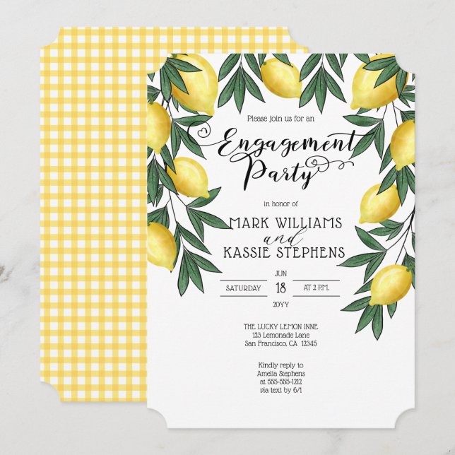 Tropical Lemons | Country Checks Engagement Party  Invitation (Front/Back)