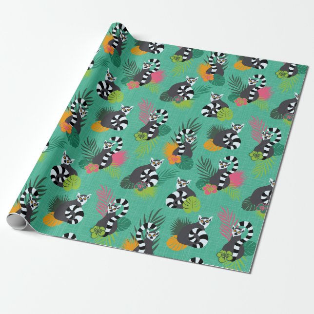 Tropical Lemurs - Aquamarine Wrapping Paper (Unrolled)