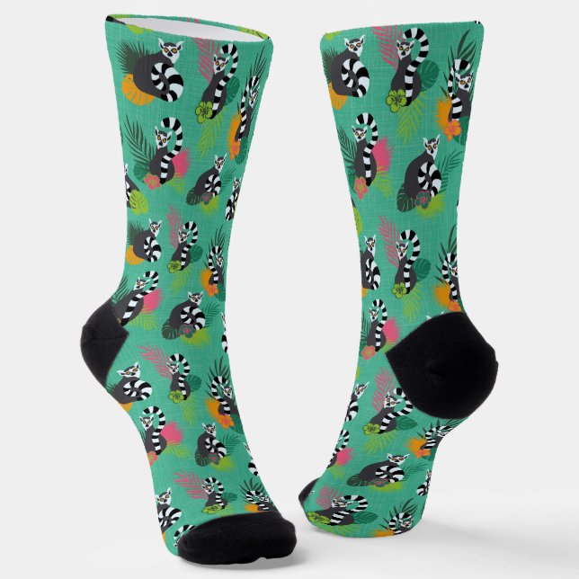 Tropical Lemurs Teal Socks (Angled)