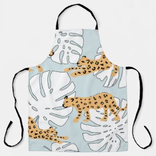 Tropical leopard animal and monstera palm leaves,e apron