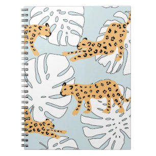 Tropical leopard animal and monstera palm leaves,e notebook