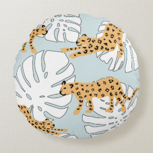 Tropical leopard animal and monstera palm leaves,e round cushion