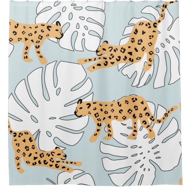 Tropical leopard animal and monstera palm leaves,e shower curtain (Front)