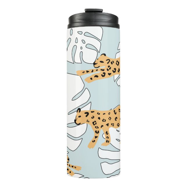 Tropical leopard animal and monstera palm leaves,e thermal tumbler (Front)