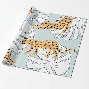 Tropical leopard animal and monstera palm leaves,e wrapping paper