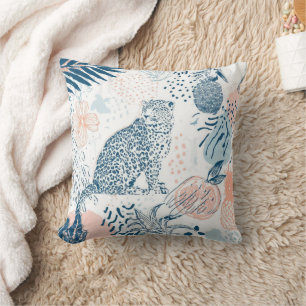 Tropical Leopard Blue Peach Abstract Cushion