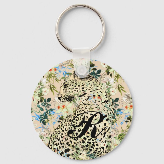 Tropical leopard print floral Hawaiian Key Ring (Front)
