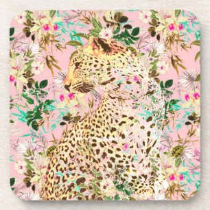 Tropical leopard print floral Hawaiian pattern Coaster