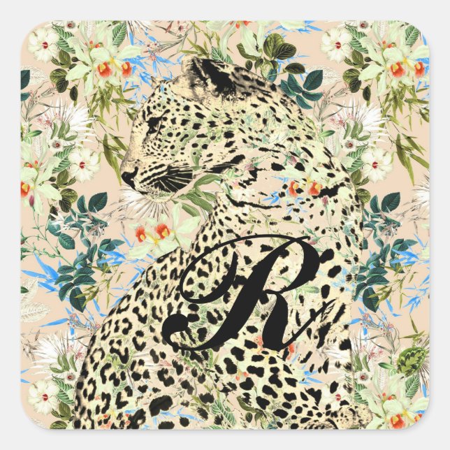 Tropical leopard print floral Hawaiian Square Sticker (Front)