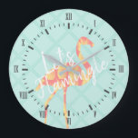 Tropical Let's Flamingle Flamingo & Pineapples Large Clock<br><div class="desc">Trendy tropical summer pineapple patterned pink flamingo clock featuring the phrase "Let's Flamingle".</div>