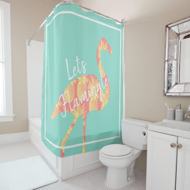 Tropical Let's Flamingle Flamingo & Pineapples Shower Curtain (In Situ)