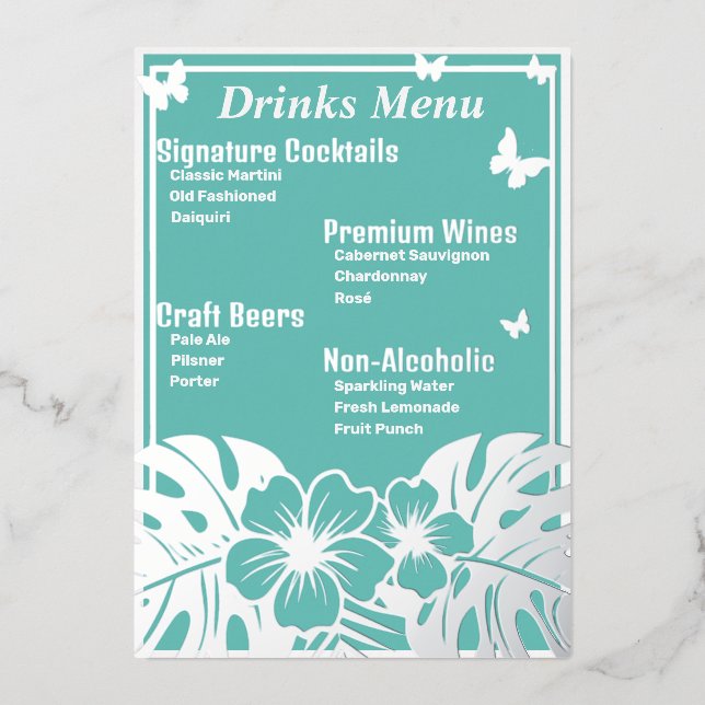 Tropical - Light Teal Gold-Foiled Beverage Menu (Front)