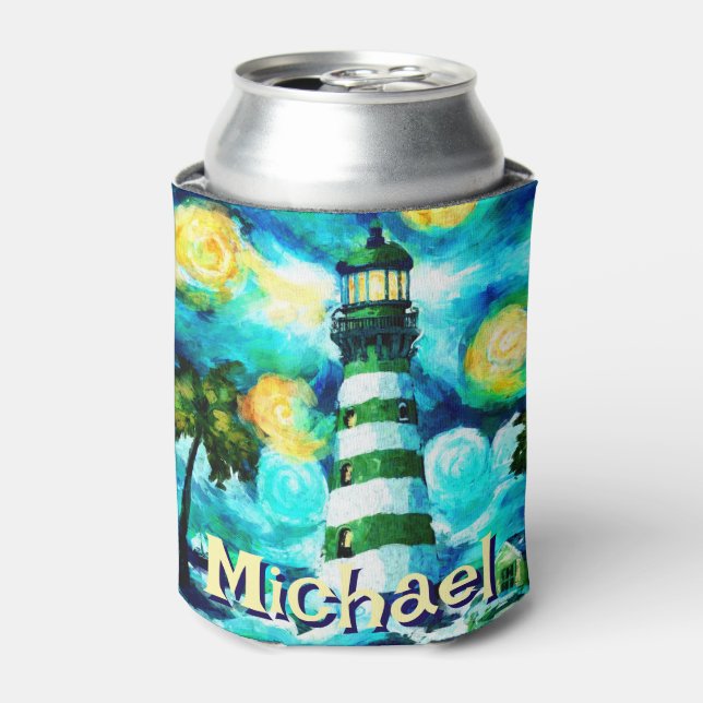 Tropical Lighthouse Coastal Nautical Personalised Can Cooler (Can Front)