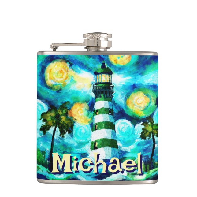 Tropical Lighthouse Coastal Nautical Personalised Hip Flask (Front)