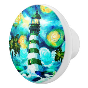 Tropical Lighthouse Palm Trees Coastal Nautical Ceramic Knob