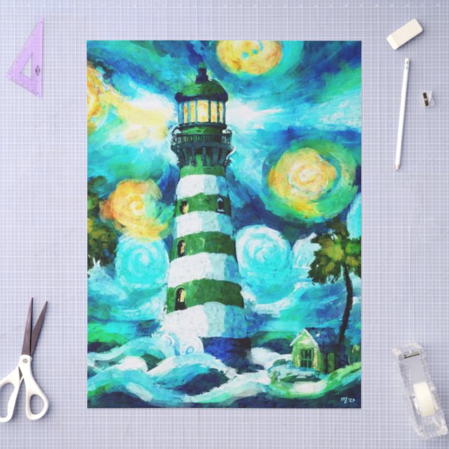 Tropical Lighthouse & Palm Trees Decoupage Tissue Paper (Craft)