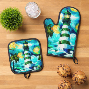 Tropical Lighthouse & Palm Trees Green Blue Teal Oven Mitt & Pot Holder Set
