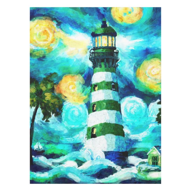Tropical Lighthouse & Palm Trees Green Blue Teal Tablecloth (Front)