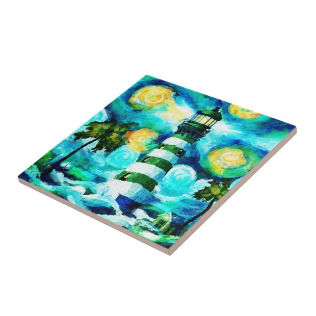 Tropical Lighthouse & Palm Trees Impressionistic Ceramic Tile (Side)