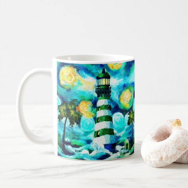 Tropical Lighthouse & Palm Trees Impressionistic Coffee Mug (With Donut)