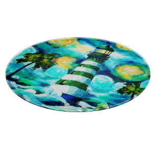 Tropical Lighthouse & Palm Trees Impressionistic Cutting Board