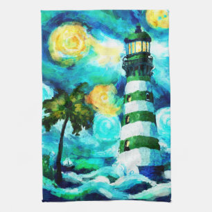 Tropical Lighthouse & Palm Trees Impressionistic Tea Towel