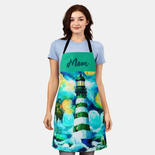 Tropical Lighthouse & Palm Trees Personalised Apron (Worn)