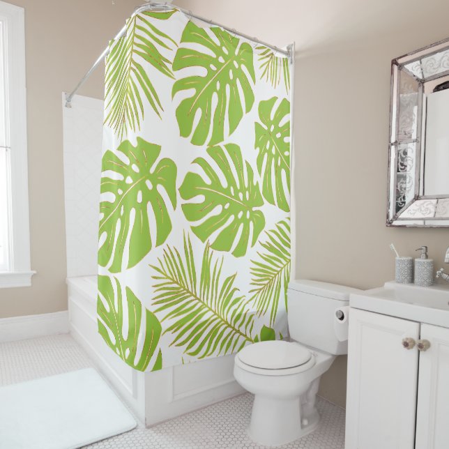 Tropical lime green gold monstera and palm leaves shower curtain (In Situ)