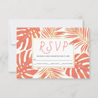 Tropical living coral and gold leaves wedding RSVP