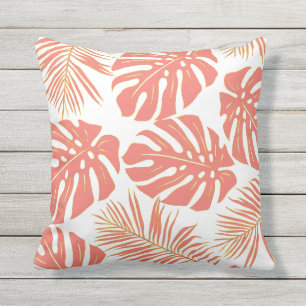 Tropical living coral monstera leaves pattern cushion