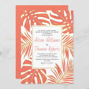 Tropical living coral monstera palm leaves wedding invitation