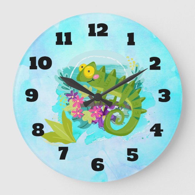 Tropical Lizard with Flowers Large Clock (Front)