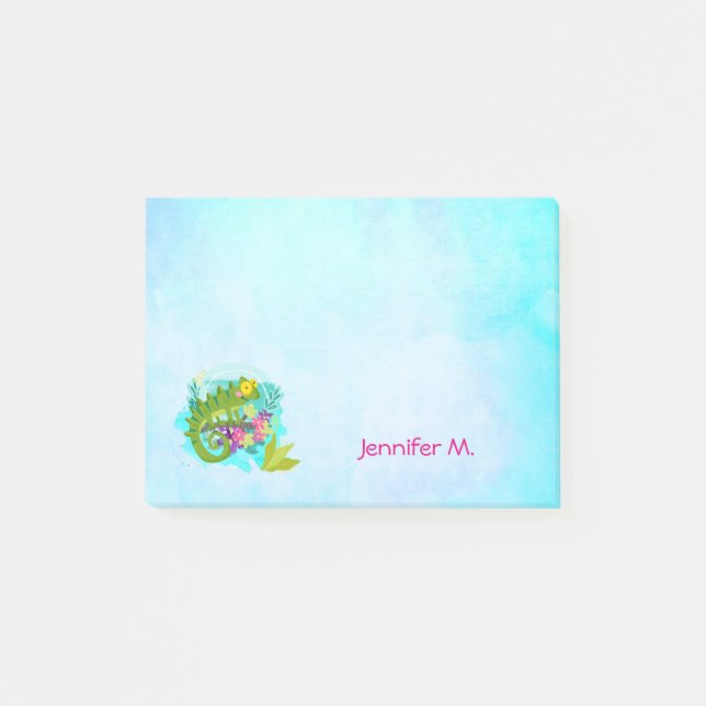 Tropical Lizard with Flowers On Turquoise Blue Post-it Notes (Front)