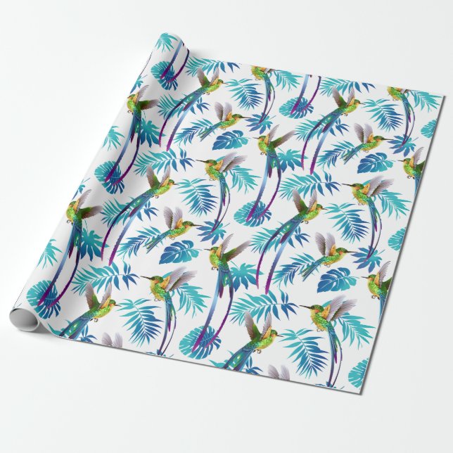 Tropical Long Tail Hummingbirds Wrapping Paper (Unrolled)