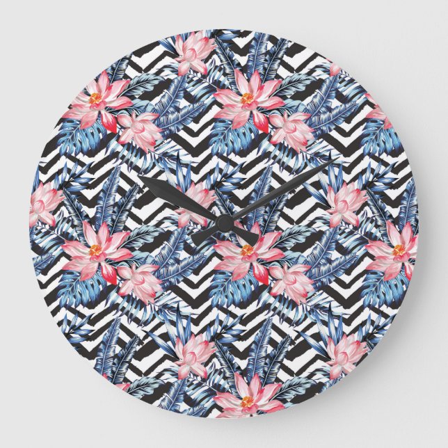 Tropical Lotus Flower Pattern Large Clock (Front)
