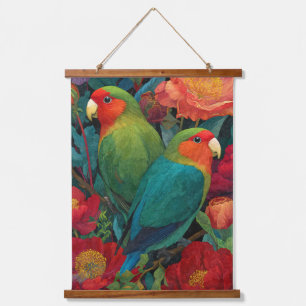 Tropical Lovebirds Red Floral Jungle Art Hanging Tapestry