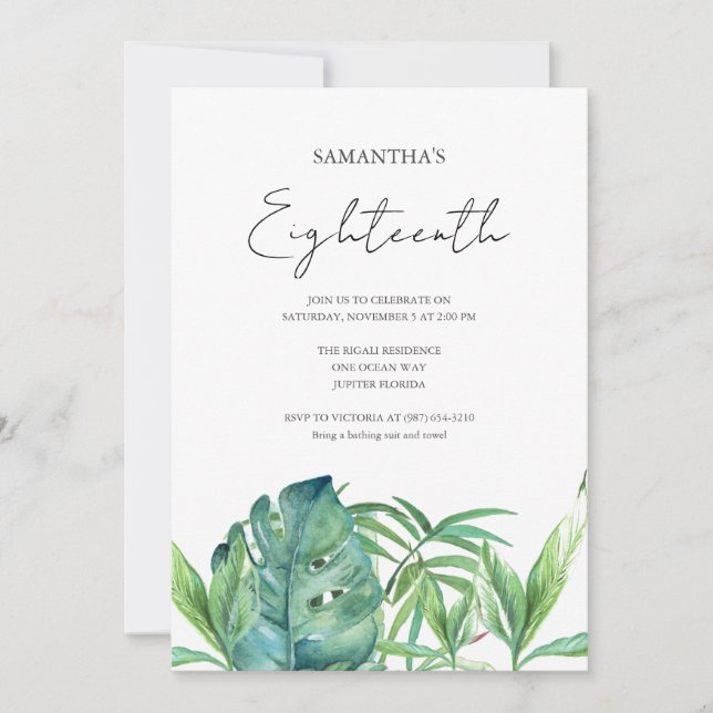 Tropical Luau 18th Birthday Watercolor Invitation (Front)