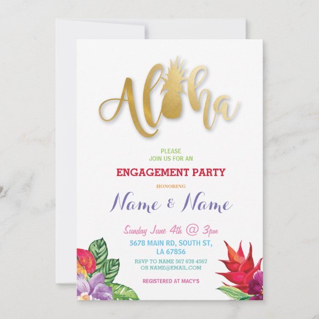 Tropical Luau Aloha Floral Engagement Party Invite (Front)