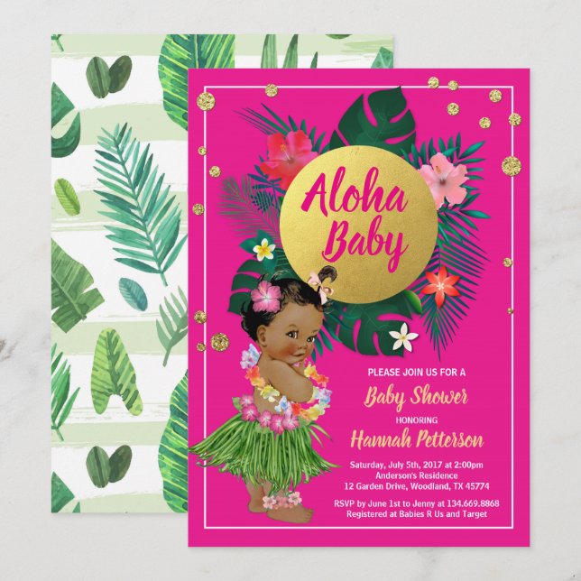 Tropical luau baby girl shower invitation hot pink (Front/Back)