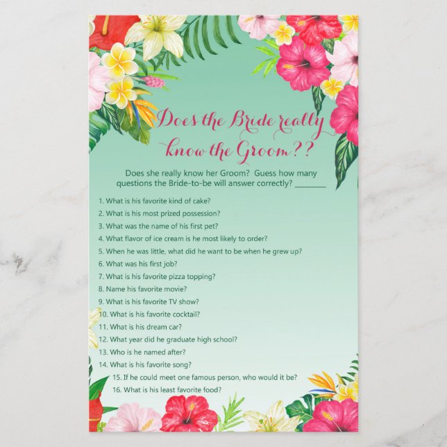 Tropical Luau Bridal Shower Game PRINTED (Front)