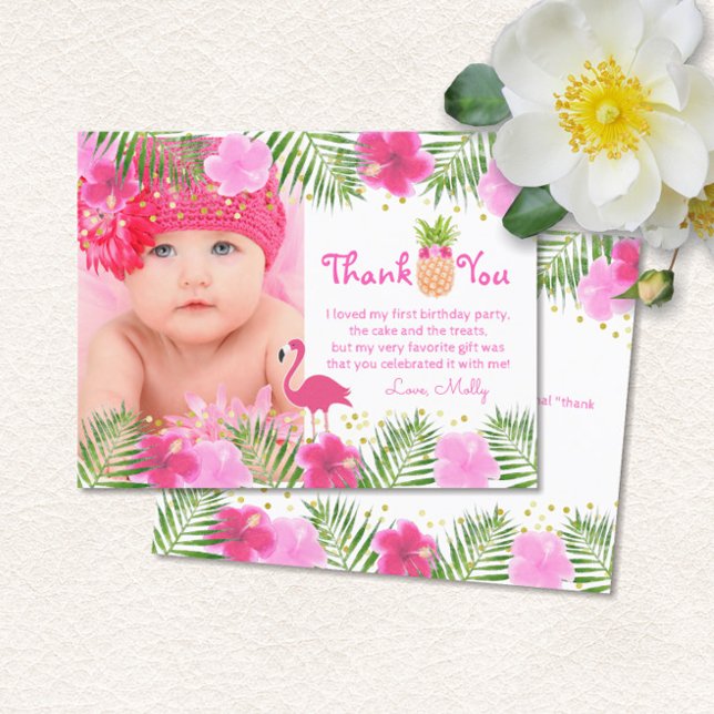 Tropical Luau Flamingo 1st Birthday Girl Thank You Card (Creator Uploaded)