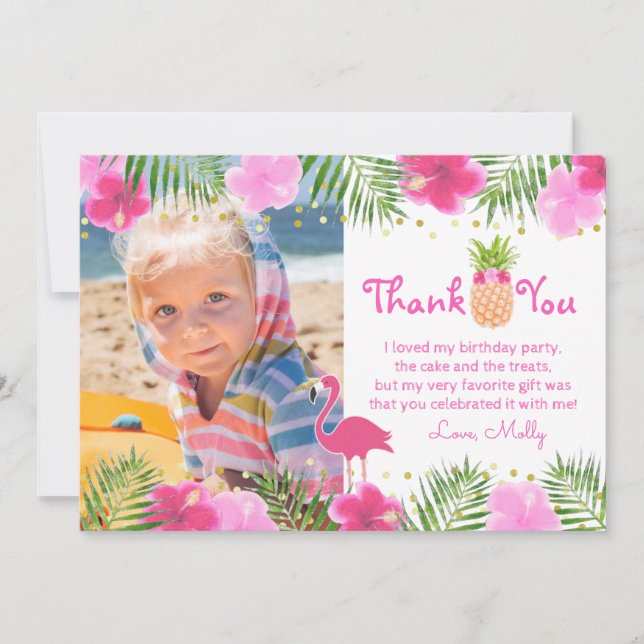 Tropical Luau Flamingo Birthday Girl Thank You Card (Front)