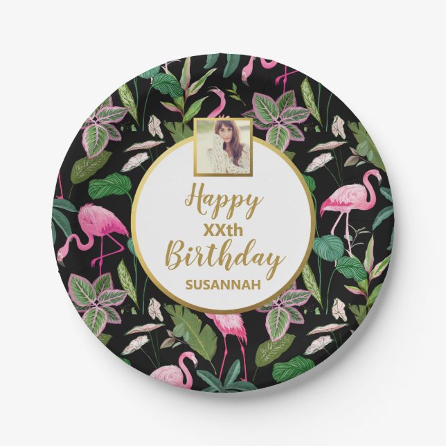 Tropical Luau Flamingo Palm Leaves, Birthday Photo Paper Plate (Front)