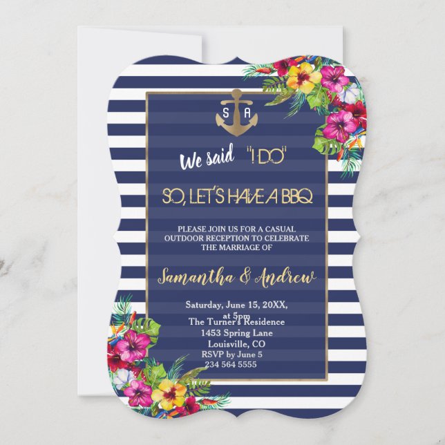 Tropical Luau Floral Navy Stripes I DO BBQ Invite (Front)